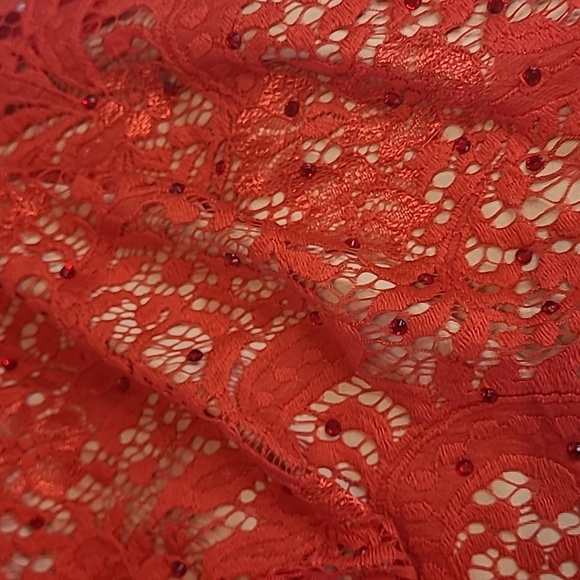 Frank Lyman, red dress, plunging neckline, fully lined, lace, red rhinestones - Picture 2 of 10